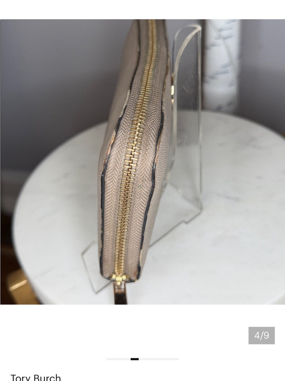 EUC Tory Burch Saffiano FULL ZIP AROUND WALLET in Grayish-Taupe with Gold Emblem - Picture 5 of 9